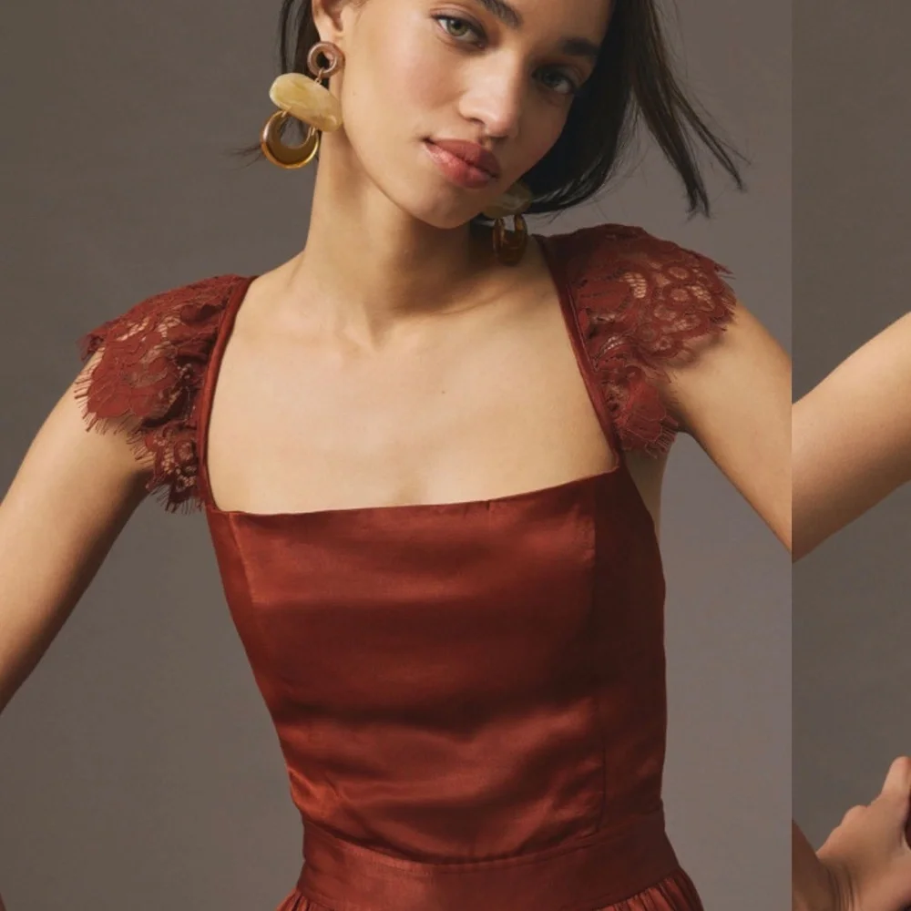 Anthropologie Rust Lace-Trim Satin Jumpsuit - Picture 2 of 7